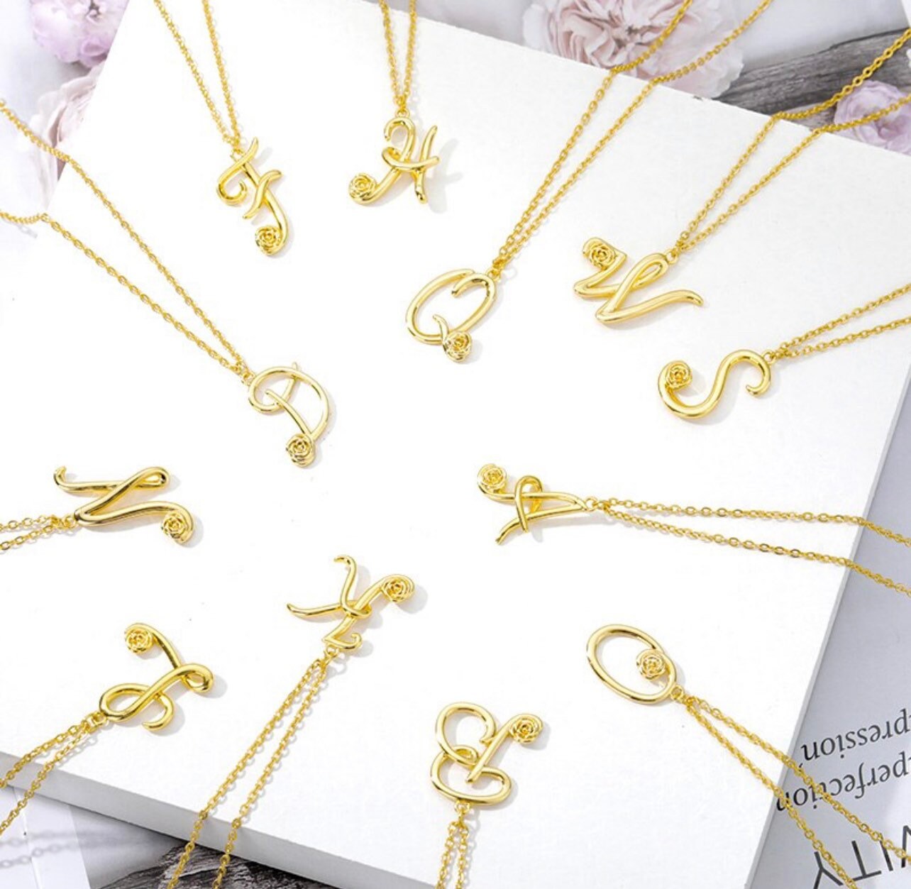 Stainless Steel Rose Flower A-Z Letter Necklaces For Women Flower Initial Pendant Choker Necklace Alphabet Boho Jewelry Gift