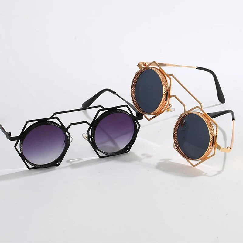 Retro Metal Polygon Hollow Sunglasses |Women Men|Fashion Round Punk | Gradient Mirror Sun Glasses Shades UV400