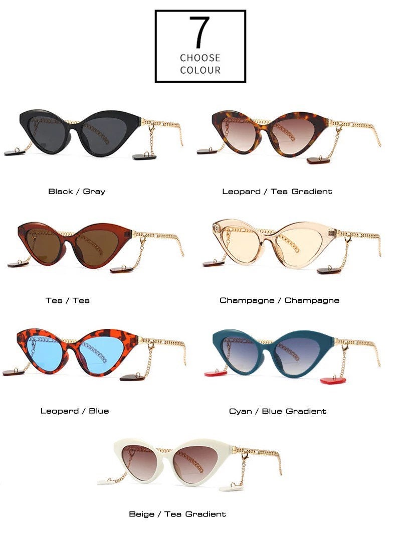 Retro Small Cat Eye Sunglasses| Women Men| Fashion Chain Decoration |Brand Designer |Trending Leopard Champagne Sun Glasses