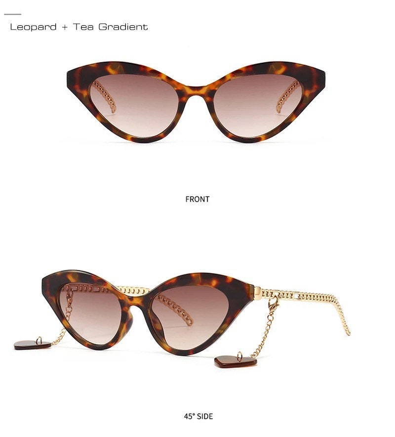 Retro Small Cat Eye Sunglasses| Women Men| Fashion Chain Decoration |Brand Designer |Trending Leopard Champagne Sun Glasses