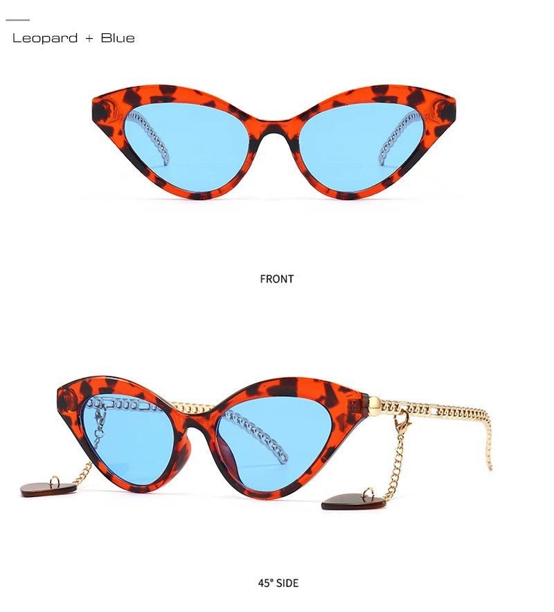 Retro Small Cat Eye Sunglasses| Women Men| Fashion Chain Decoration |Brand Designer |Trending Leopard Champagne Sun Glasses