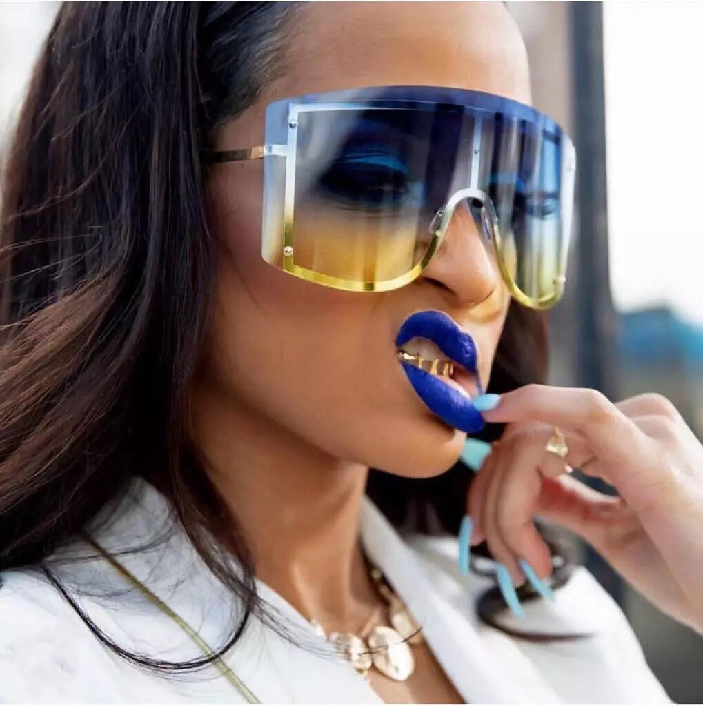 Oversized Women Blue Yellow Gradient Sunglasses |Fashion Rimless Metal Female Shades |Luxury Brand Designer Personality Eyewear