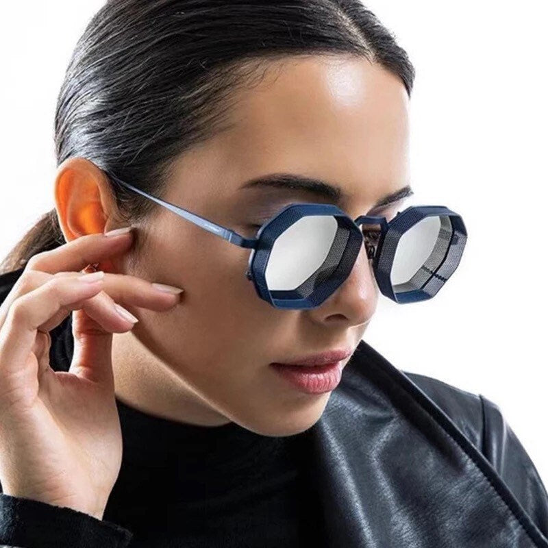Summer glasses Retro Metal Steampunk |Polygon Square Hollow Sunglasses |Women Men|Fashion Mirror Gradient Shades |UV400 Sun Glasses