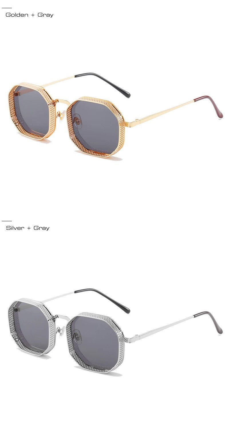 Summer glasses Retro Metal Steampunk |Polygon Square Hollow Sunglasses |Women Men|Fashion Mirror Gradient Shades |UV400 Sun Glasses