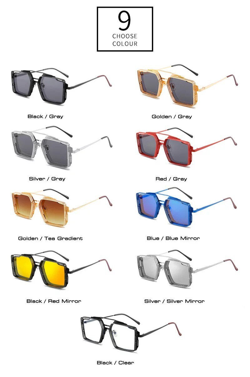 Summer Retro Metal Unisex Steampunk Square Double Bridges Sunglasses |Women Men|Eyeglasses Shades |Gradient Mirror| Punk Sun Glasses
