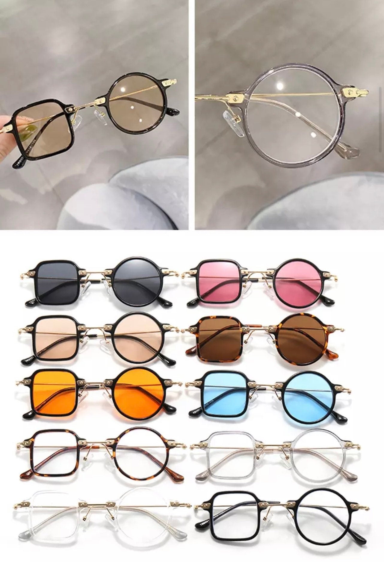 Retro Unique Square Round Sunglasses |Women Men|Fashion Clear Ocean Lens Shades UV400|Punk Sun Glasses