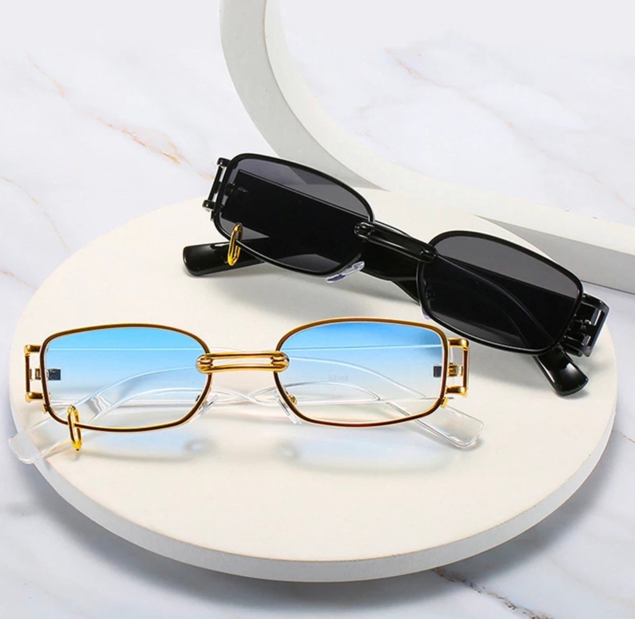 Retro Rectangle Sunglasses|Women Men|Fashion Brand Designer Punk Metal Ring |Eyewear Shades UV400 Square Sun Glasses