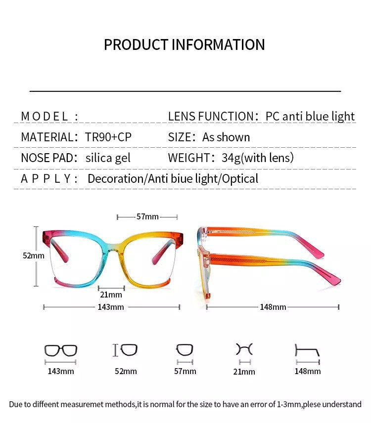 Oversized Square Eyeglasses Colorful Frames for |Women Men|Anti Blue Light Glasses Frame| Optical Computer Fashion Eyewear
