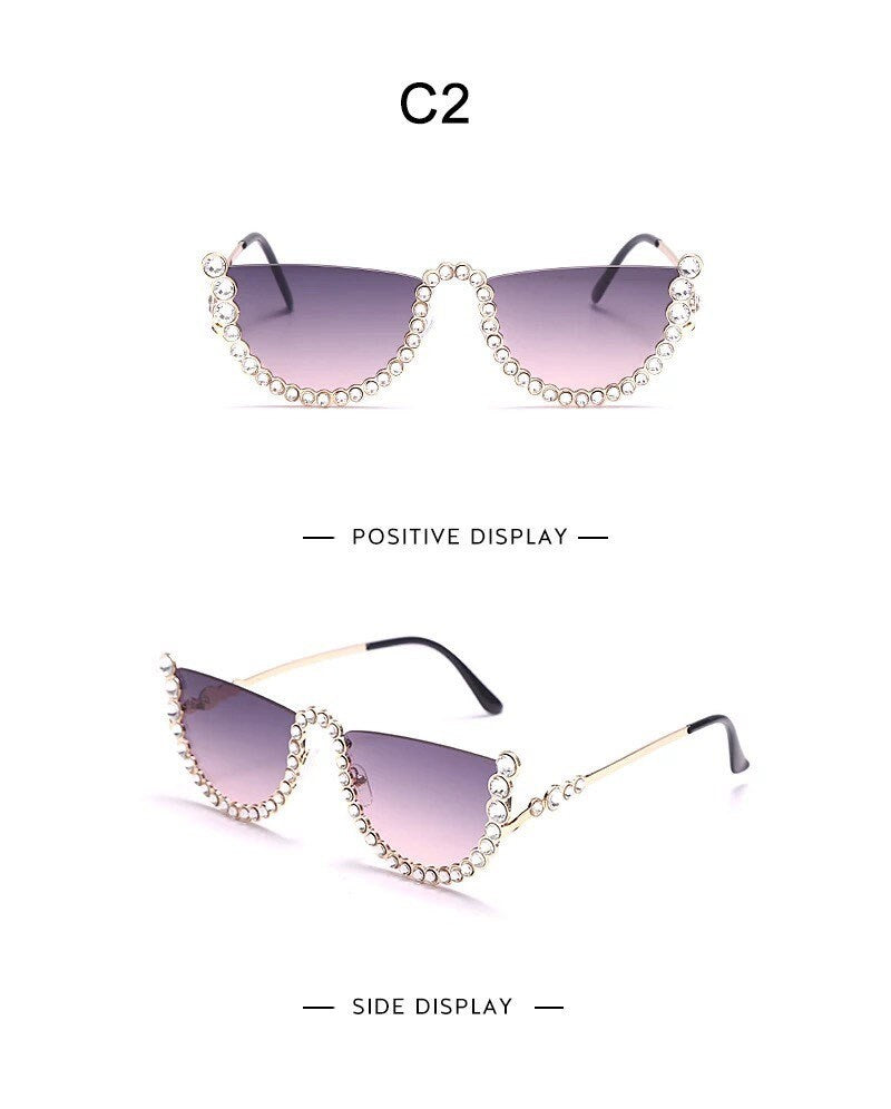 Diamond Cat Eye Sunglasses|Women Men|Semi-Rimless Sun Glasses |Luxury Brand Designer |Crystal Sexy Frame Rhinestone |Eyewear Glasses