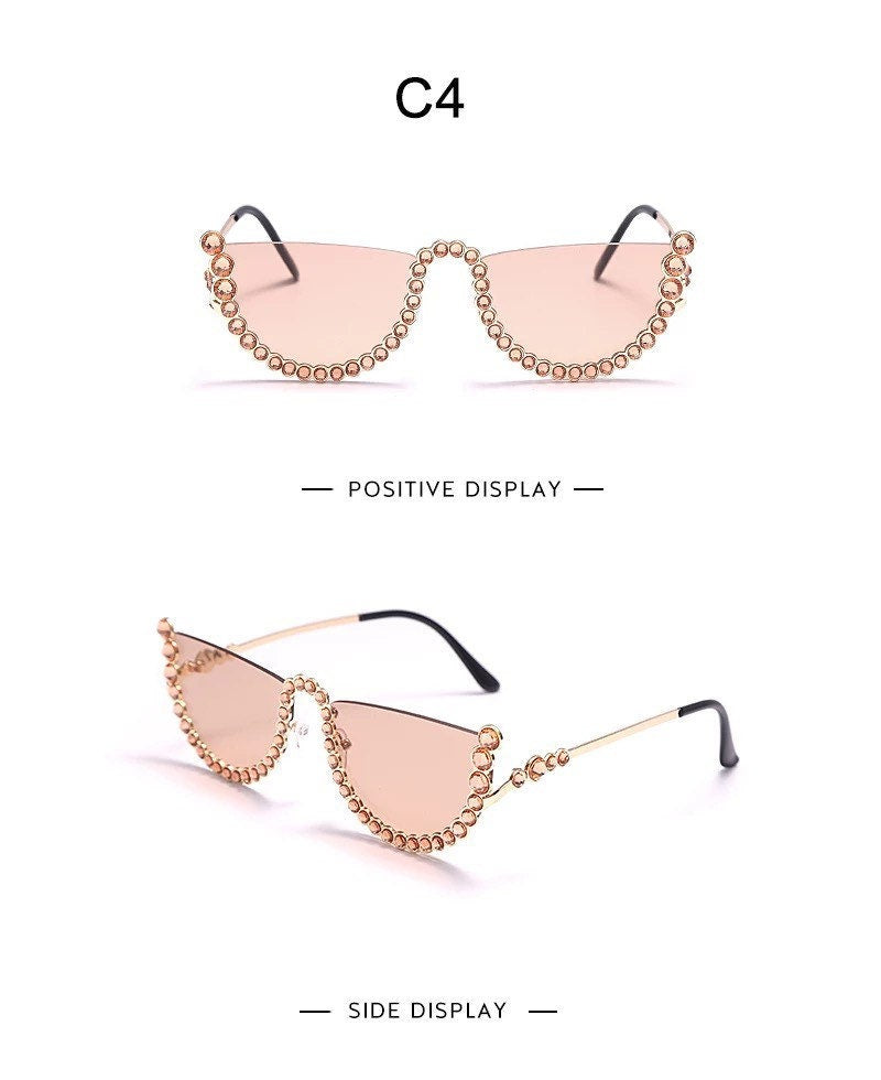 Diamond Cat Eye Sunglasses|Women Men|Semi-Rimless Sun Glasses |Luxury Brand Designer |Crystal Sexy Frame Rhinestone |Eyewear Glasses
