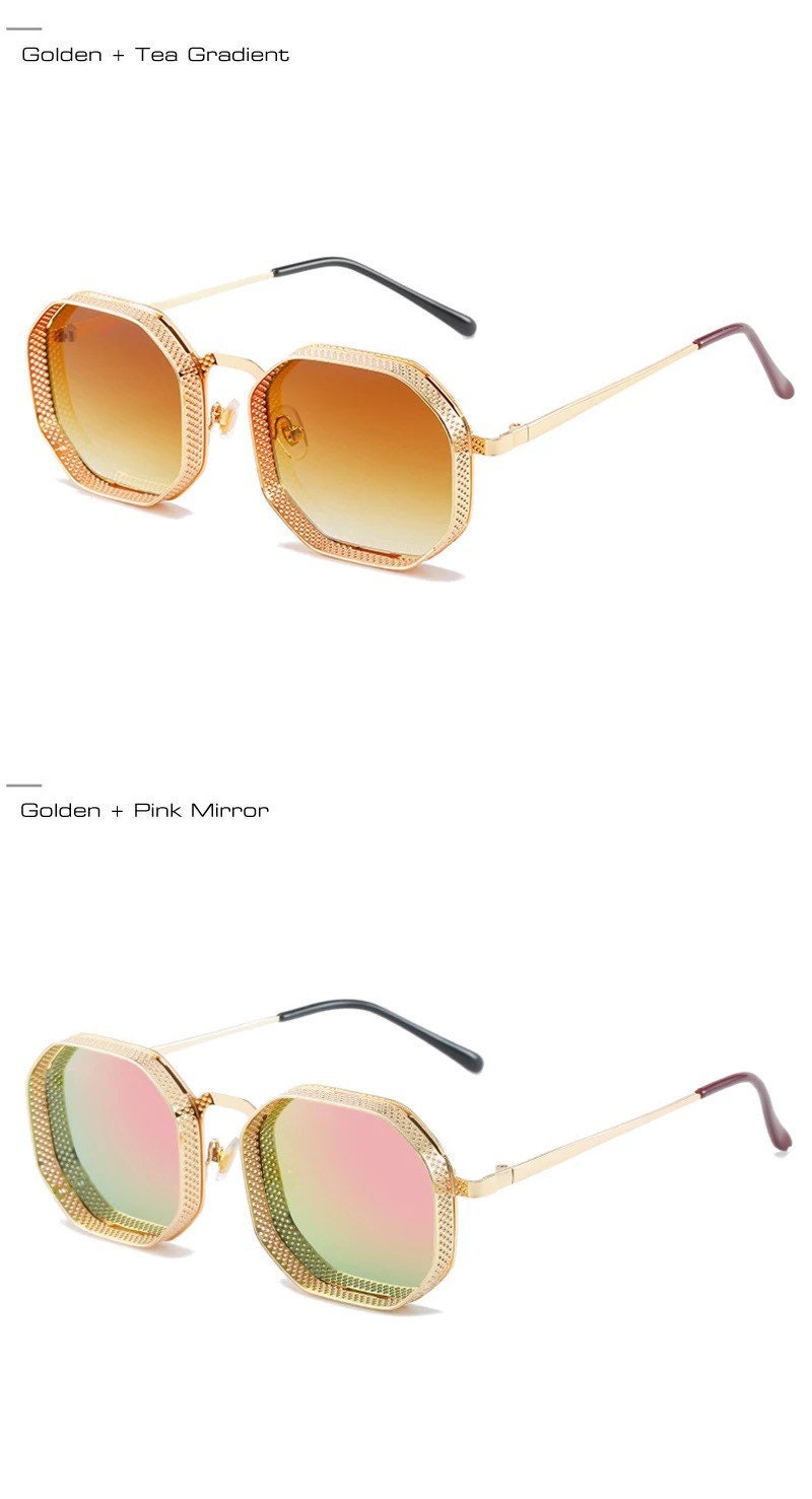 Summer glasses Retro Metal Steampunk |Polygon Square Hollow Sunglasses |Women Men|Fashion Mirror Gradient Shades |UV400 Sun Glasses
