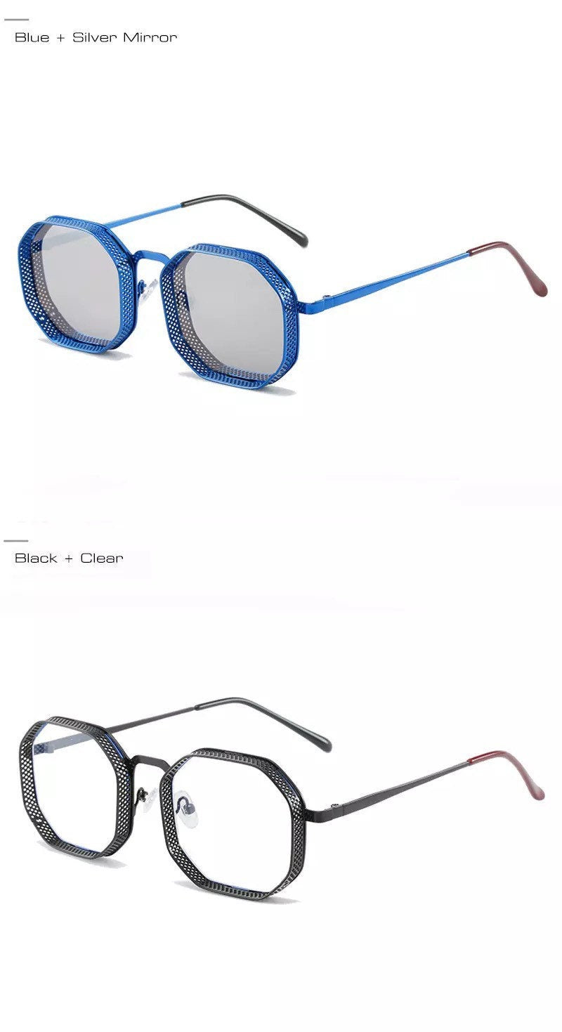 Summer glasses Retro Metal Steampunk |Polygon Square Hollow Sunglasses |Women Men|Fashion Mirror Gradient Shades |UV400 Sun Glasses