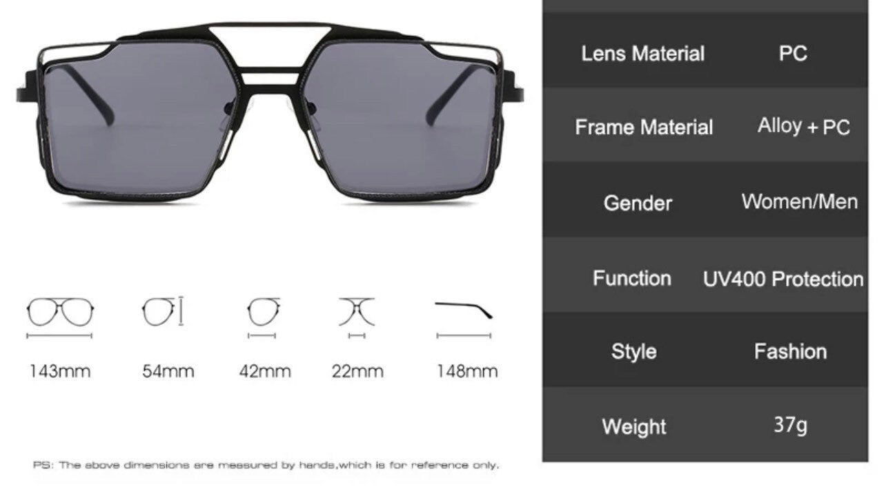Summer Retro Metal Unisex Steampunk Square Double Bridges Sunglasses |Women Men|Eyeglasses Shades |Gradient Mirror| Punk Sun Glasses