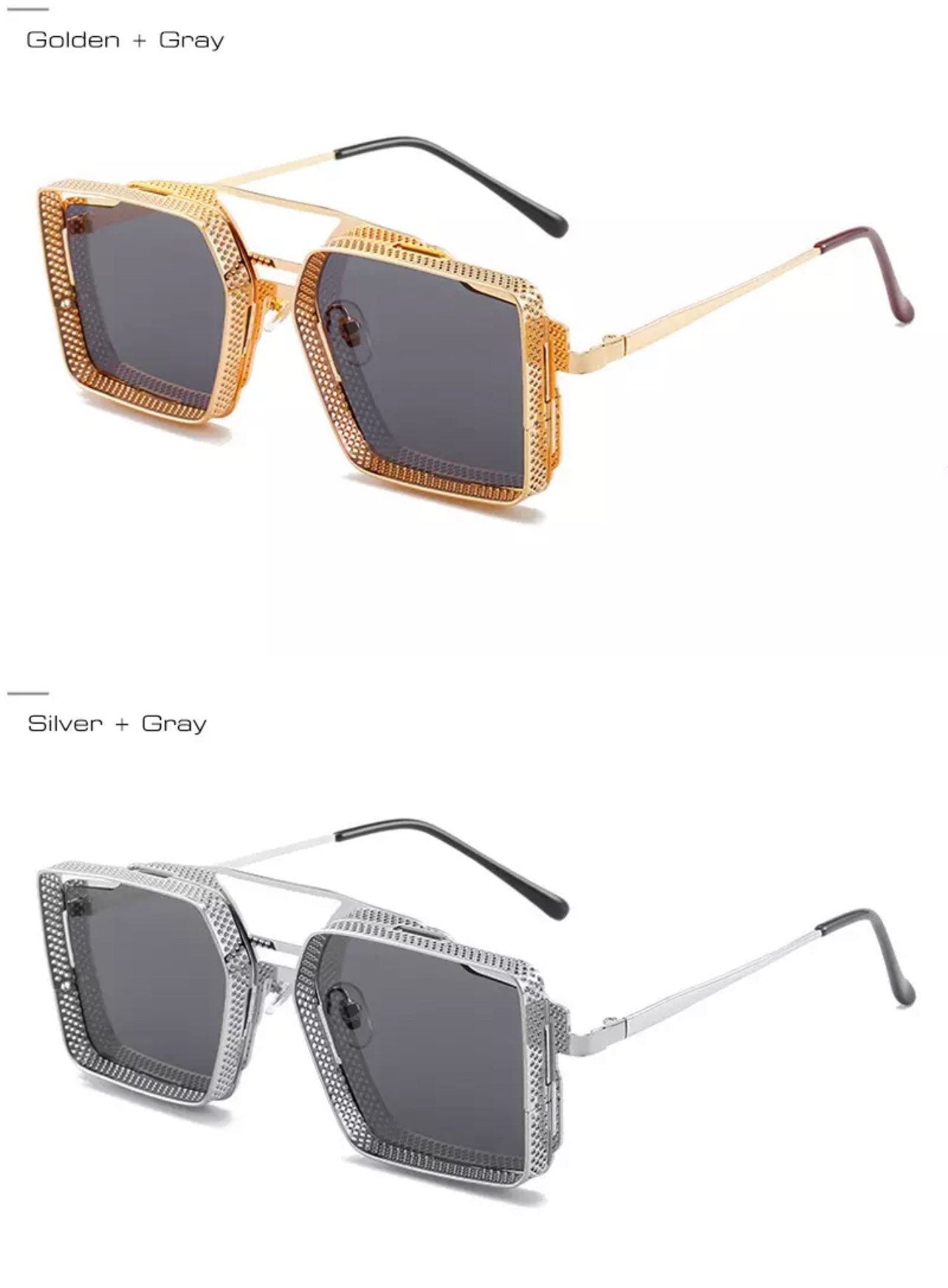 Summer Retro Metal Unisex Steampunk Square Double Bridges Sunglasses |Women Men|Eyeglasses Shades |Gradient Mirror| Punk Sun Glasses