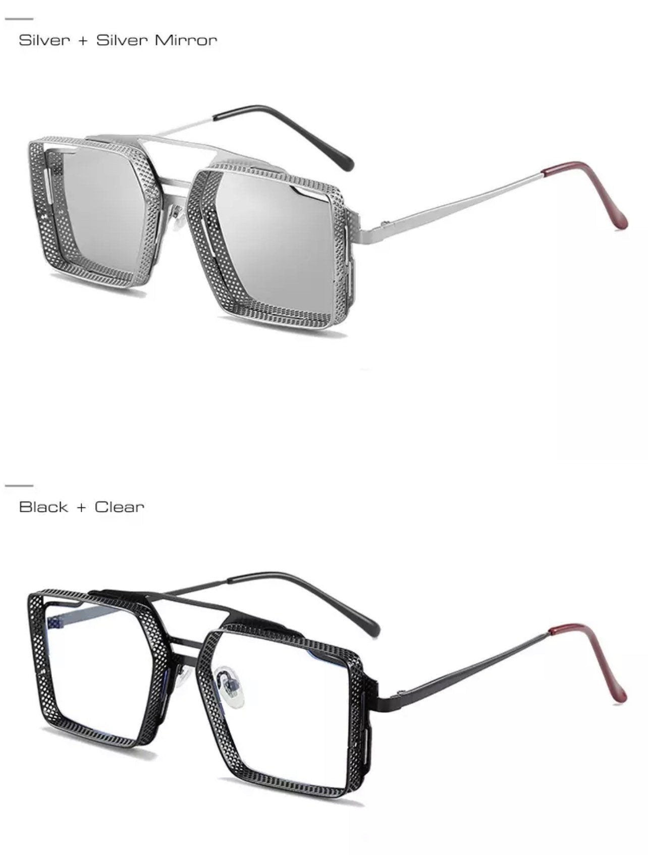 Summer Retro Metal Unisex Steampunk Square Double Bridges Sunglasses |Women Men|Eyeglasses Shades |Gradient Mirror| Punk Sun Glasses