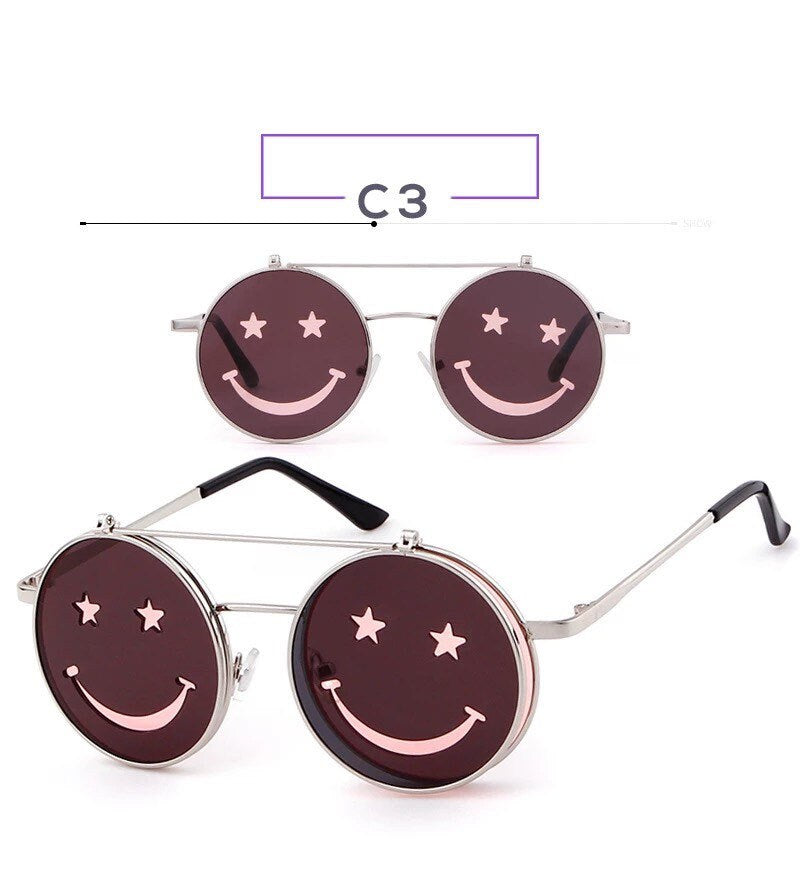 Retro Flip Up Round Steampunk Sunglasses 2022 Brand|Women Men| Designer Small Circle Sun Glasses Red Yellow Shades SP64