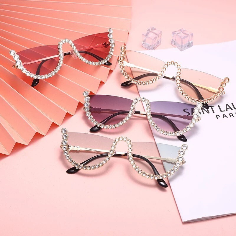 Diamond Cat Eye Sunglasses|Women Men|Semi-Rimless Sun Glasses |Luxury Brand Designer |Crystal Sexy Frame Rhinestone |Eyewear Glasses