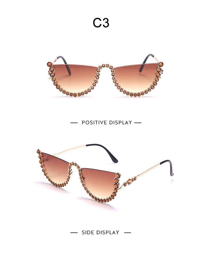 Diamond Cat Eye Sunglasses|Women Men|Semi-Rimless Sun Glasses |Luxury Brand Designer |Crystal Sexy Frame Rhinestone |Eyewear Glasses