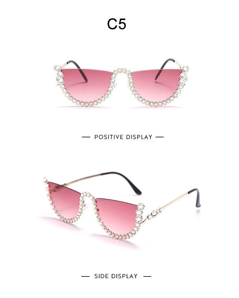 Diamond Cat Eye Sunglasses|Women Men|Semi-Rimless Sun Glasses |Luxury Brand Designer |Crystal Sexy Frame Rhinestone |Eyewear Glasses
