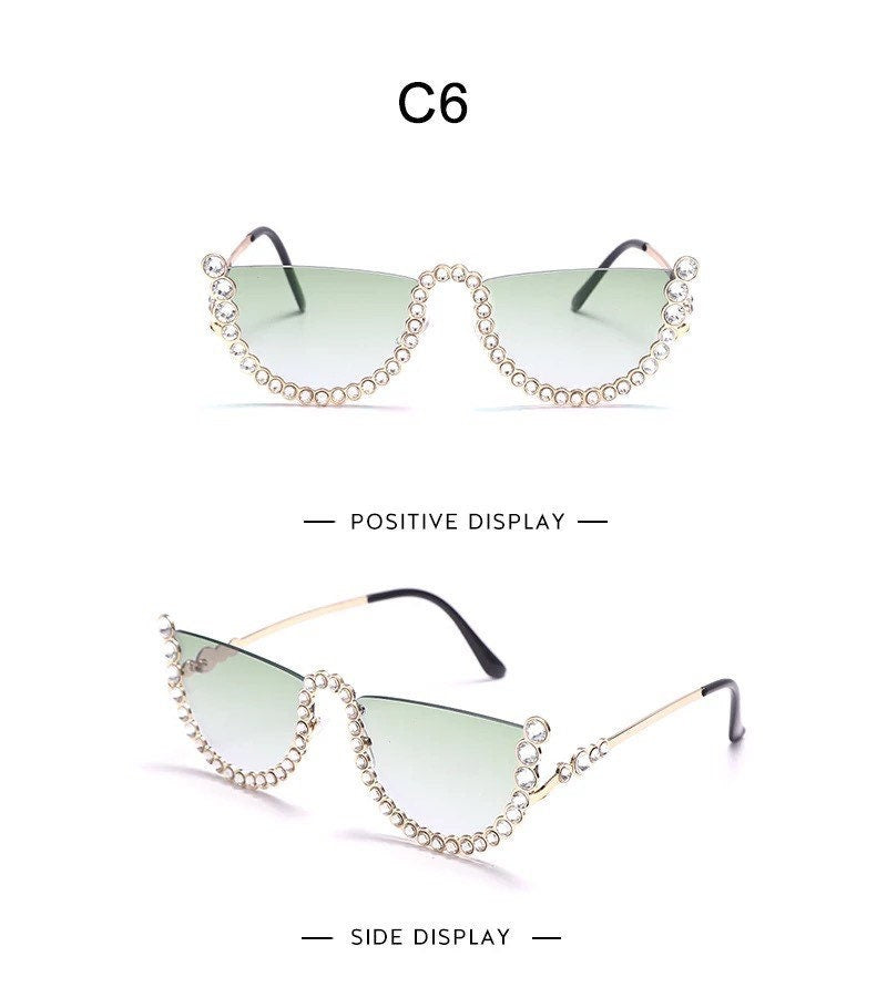 Diamond Cat Eye Sunglasses|Women Men|Semi-Rimless Sun Glasses |Luxury Brand Designer |Crystal Sexy Frame Rhinestone |Eyewear Glasses