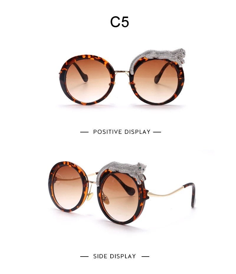Round Sunglasses |Women Men|Luxury Brand Designer Zircon Sun Glasses |UV400 Eyeglasses Personality Eyewear Crystal Leopard Shades