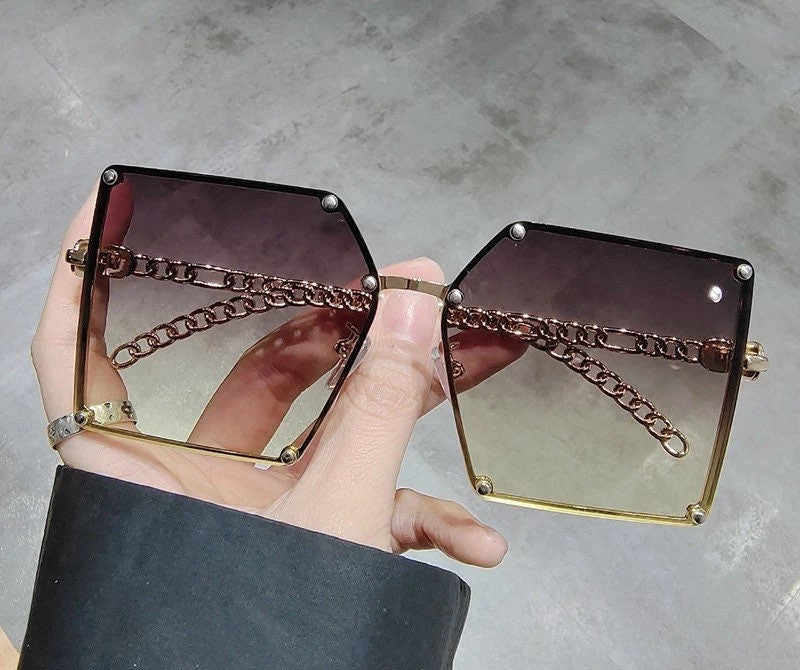 2022 New Fashion Oversize Gradient Sunglasses| Women Men|Vintage Alloy Chain Frame |Rivet Square Sun Glasses |Female Elegant Shades