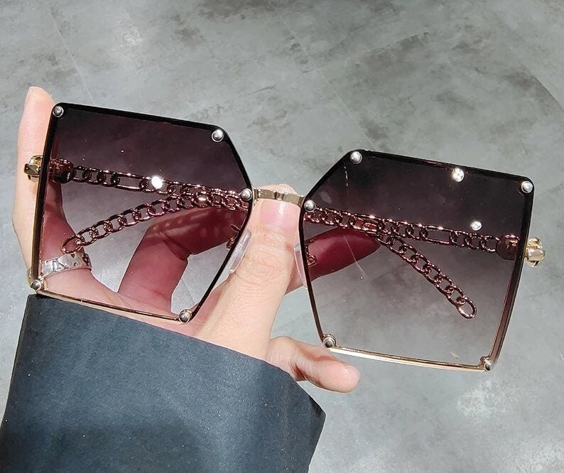2022 New Fashion Oversize Gradient Sunglasses| Women Men|Vintage Alloy Chain Frame |Rivet Square Sun Glasses |Female Elegant Shades