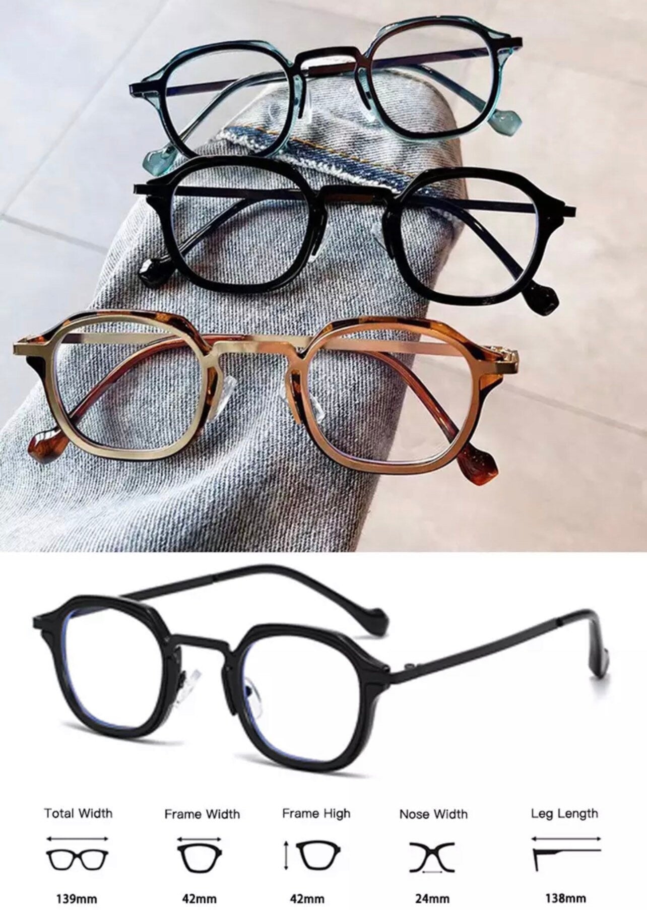 Retro TR90 Metal Square|Women Men|Optical Glasses Frame |Fashion Anti Blue Light Spring Hinge| Blue Eyeglasses Frame