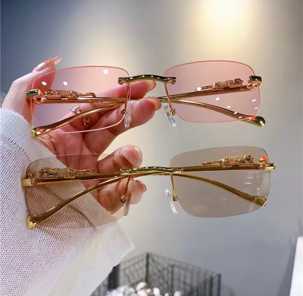 Vintage Sunglasses Rimless Cut Edge |Women’s men|Sunglass Fashion Designer |Shades Luxury Golden Leopard Frame Glasses UV400