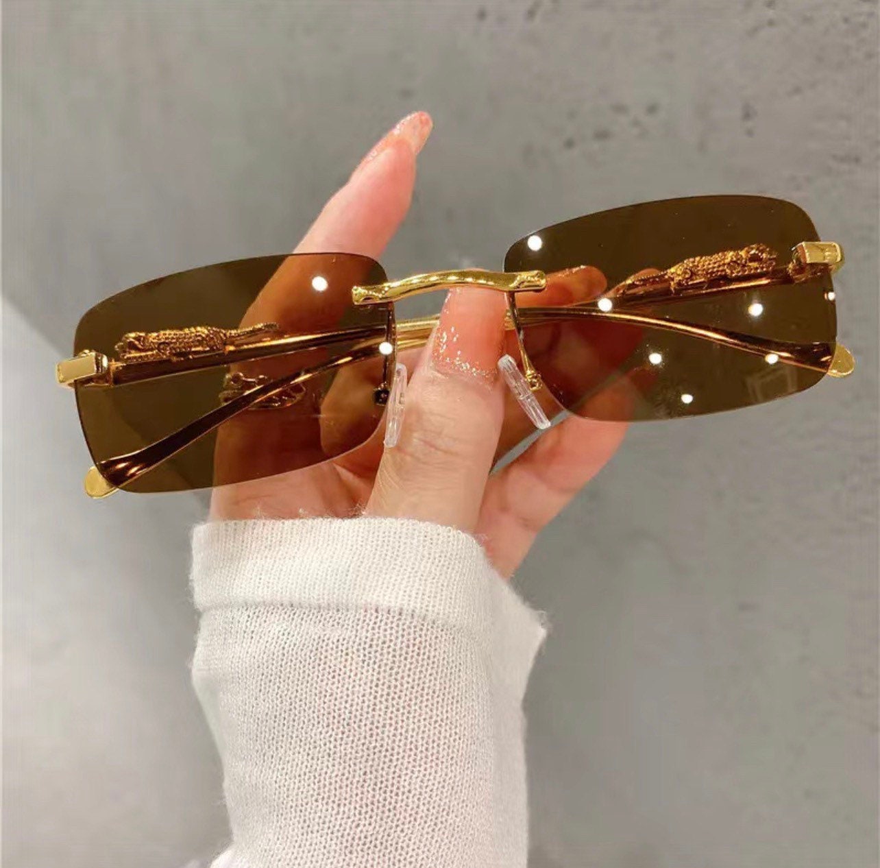 Vintage Sunglasses Rimless Cut Edge |Women’s men|Sunglass Fashion Designer |Shades Luxury Golden Leopard Frame Glasses UV400