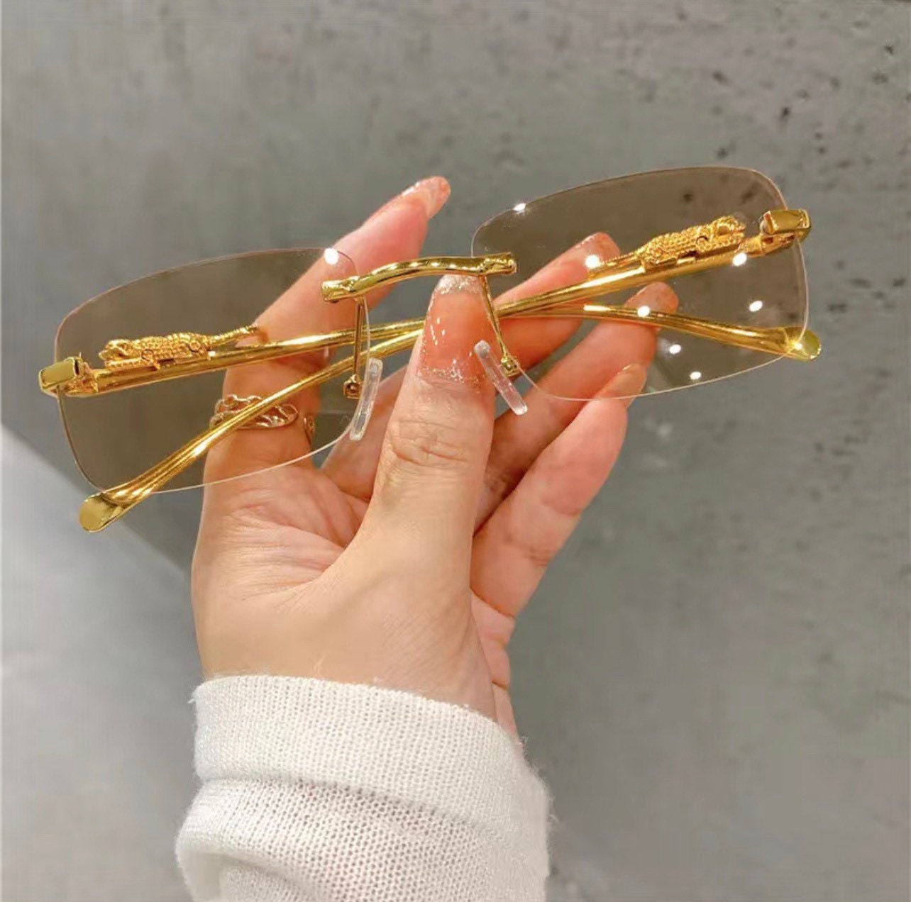 Vintage Sunglasses Rimless Cut Edge |Women’s men|Sunglass Fashion Designer |Shades Luxury Golden Leopard Frame Glasses UV400