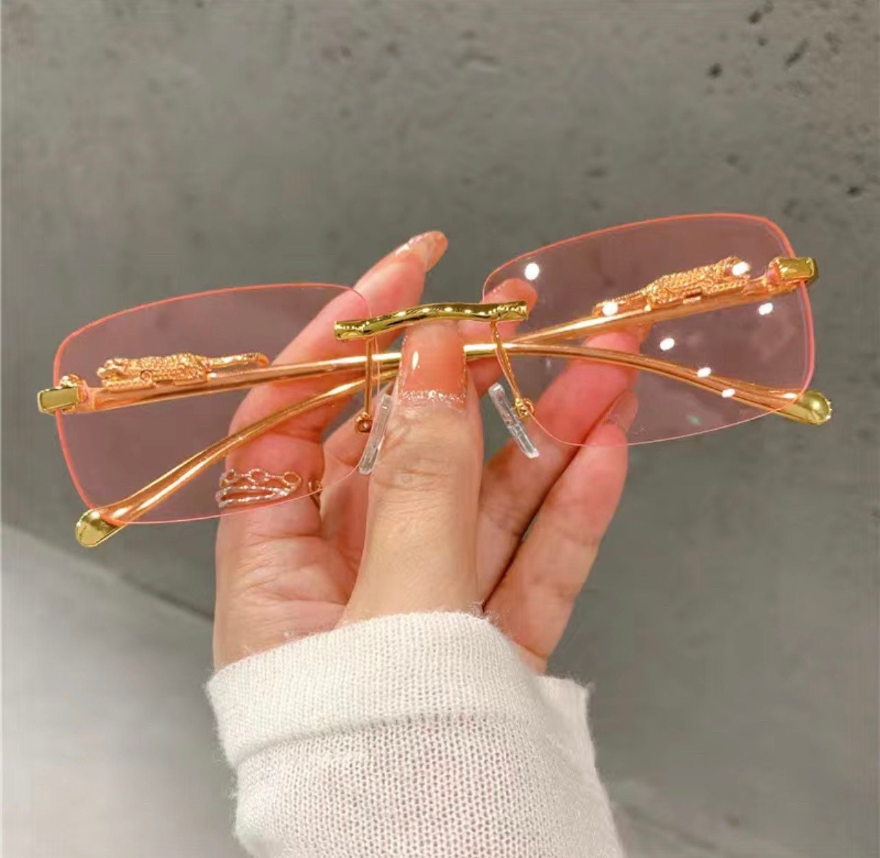 Vintage Sunglasses Rimless Cut Edge |Women’s men|Sunglass Fashion Designer |Shades Luxury Golden Leopard Frame Glasses UV400