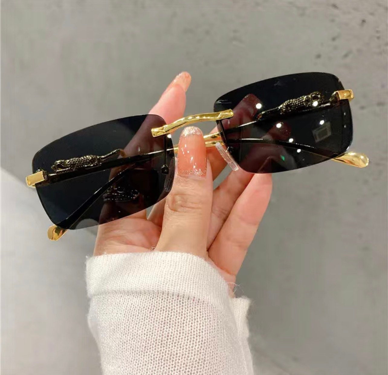 Vintage Sunglasses Rimless Cut Edge |Women’s men|Sunglass Fashion Designer |Shades Luxury Golden Leopard Frame Glasses UV400