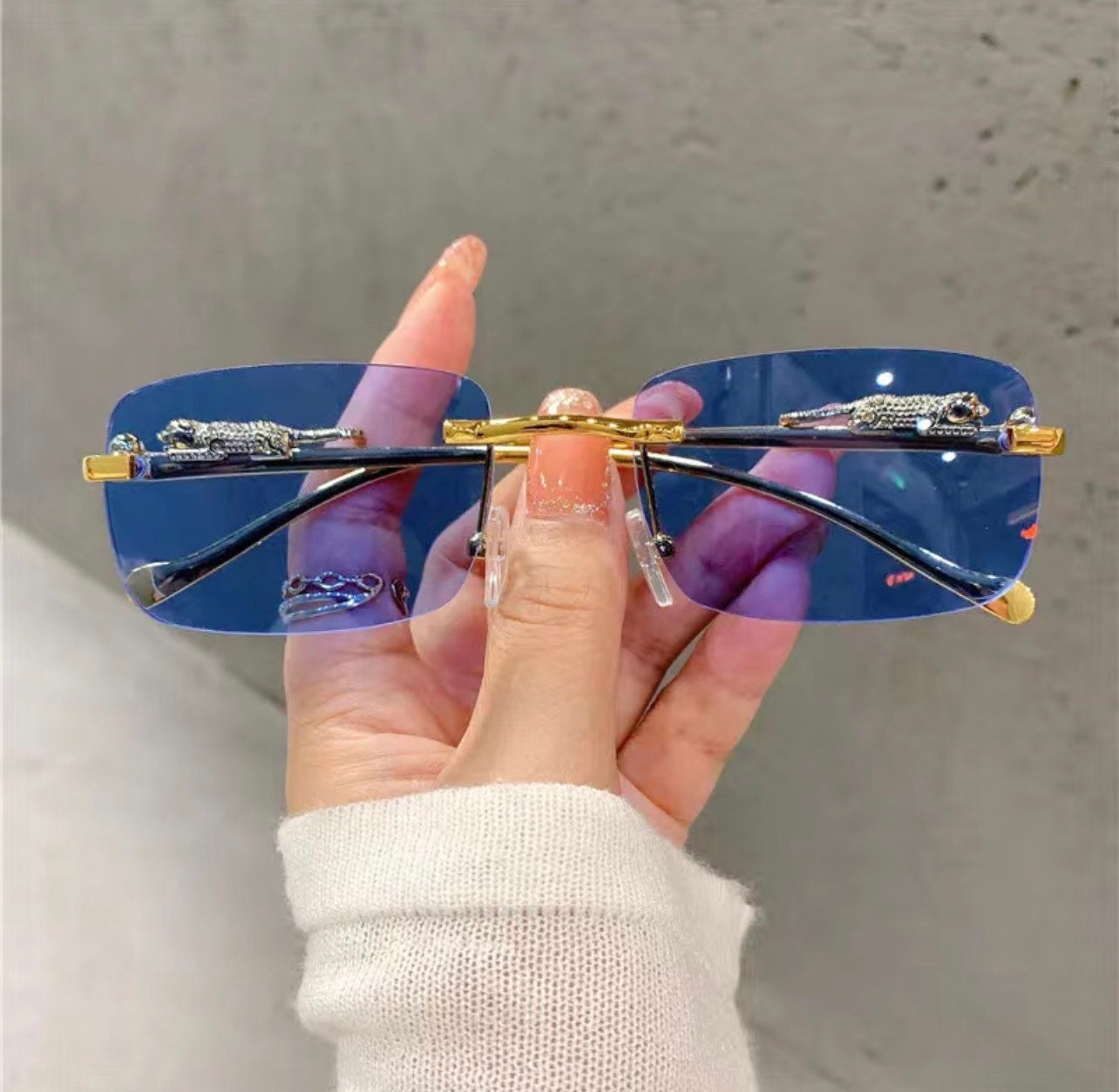 Vintage Sunglasses Rimless Cut Edge |Women’s men|Sunglass Fashion Designer |Shades Luxury Golden Leopard Frame Glasses UV400