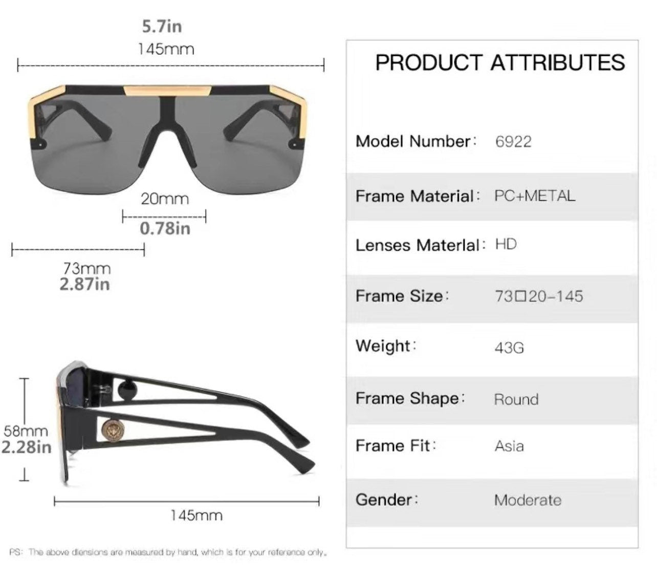 Fashion Luxury Oversized Square Sunglasses|Men Women|Vintage Metal |Big Frame Semi-Rimless |One Lens Sun Glasses UV400